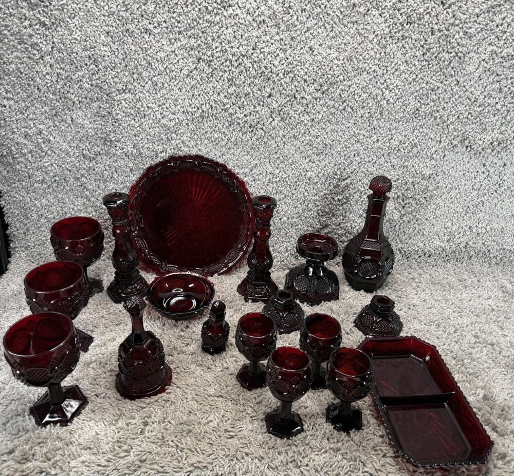 Vintage Avon Cape Cod Ruby Red Glassware 18 Pc Lot Goblets Candlesticks Decanter